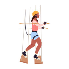Girl climbing up net obstacle in rope park, extreme challenge. Active outdoor adventure and discipline training of young woman wearing safety harness belt and helmet