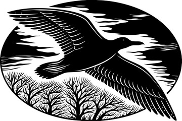 Dynamic bird in flight silhouette with wings spread wide