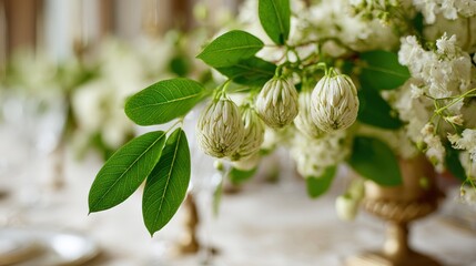 Aesthetic White flowers with green leaves in gold urns on elegant banquet table, romantic modern wedding floral detail