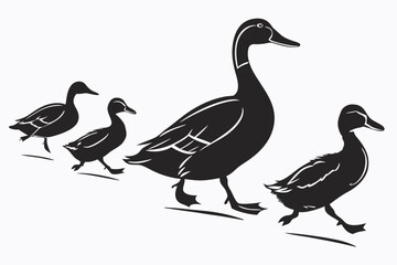 Black silhouette of ducks walking in a line stylized vector art