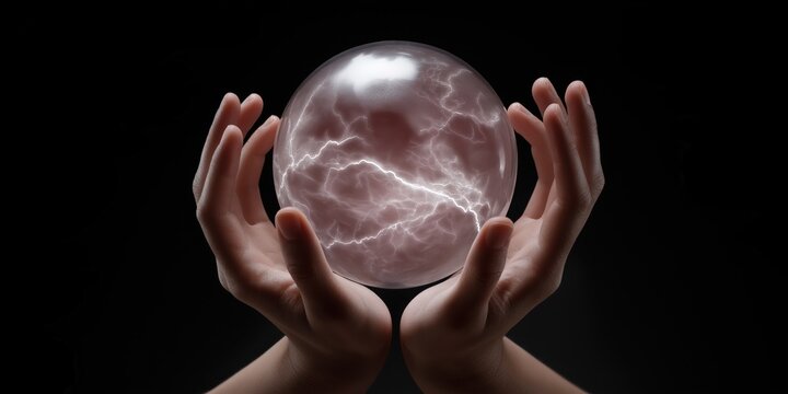 Female hands holding glowing crystal ball with lightning on black background