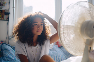 Teen girl enjoying breeze from electric fan in sunny bedroom, ideal for lifestyle,  summer mood concepts.  breeze, cool, summer, morning, casual, beauty, comfort