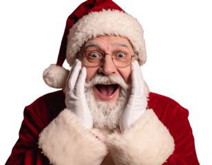 Man in Santa Claus Suit Expressing Happy Surprise with Hands on Face