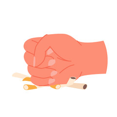 Fist crushing cigarettes in quit smoking bad habit and nicotine poison addiction. Human hand pressing down cigarettes and butts pile to break and ban narcotic temptation cartoon vector illustration