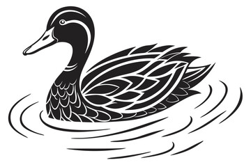Elegant black silhouette of a duck with ripples on water