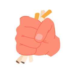 Human hand crushing bundle of cigarettes in fist, quit smoking campaign. Male palm clutching cigarettes to break and destroy bad health habit, ban and avoid addiction cartoon vector illustration