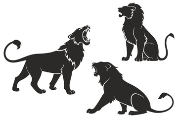 Collection of majestic black lion silhouettes in roaring poses