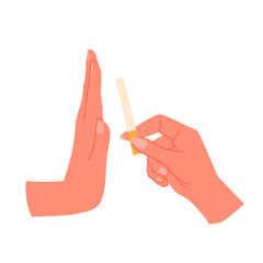 Stop and quit smoking campaign, refusal of offer to smoke and nicotine addiction. Smokers hand giving cigarette from pack and rejection gesture of person quitting smoking