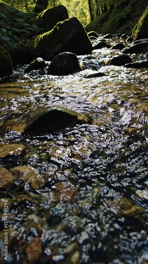 Poster serene forest stream captured at a low angle, sunlight filtering through trees. ideal for a tranquil
