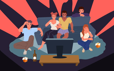 Friends watch horror movie on TV together at night. Young people group sitting on couch and on floor with afraid faces, girl and boy eat fast food watching thriller cartoon vector illustration