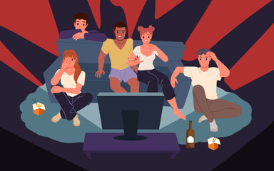 Friends watch horror movie on TV together at night. Young people group sitting on couch and on floor with afraid faces, girl and boy eat fast food watching thriller cartoon