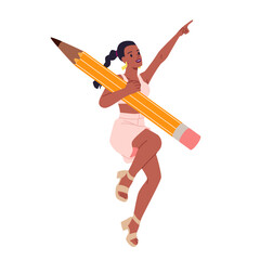 Happy woman jumping with big pencil. Cheerful funny girl with creative idea carrying giant pencil to draw and write, young student, writer or journalist holding artist tool cartoon vector illustration