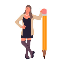 Girl standing with big pencil. Tiny young woman holding large stationery to study, write and edit notes, cute author and editor writing creative content with smile cartoon vector illustration