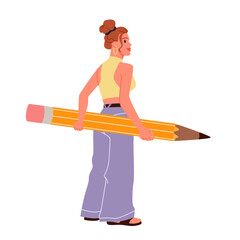 Tiny young woman holding large stationery to study, write and edit notes, cute author and editor writing creative content. Girl standing with big pencil