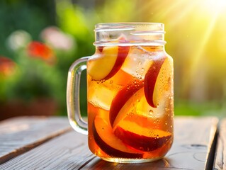 Refreshing Peach Iced Tea with Slices of Fresh Fruit and Ice Cubes in a Jar with Handle on Wooden Table in Sunlight