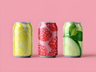 Three Refreshing Flavored Sparkling Cans with Fruit and Mint Designs