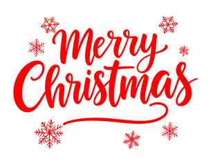 MERRY CHRISTMAS red brush calligraphy banner with snowflakes on transparent backgroun 