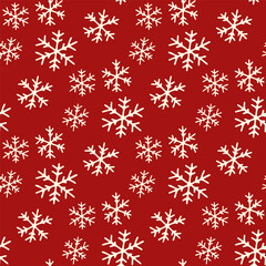 Small white ink snowflakes isolated on red background. Monochrome seamless pattern. Vector simple flat graphic hand drawn illustration. Texture.