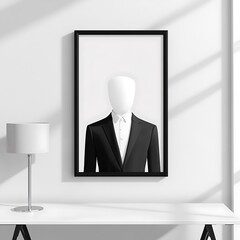 Minimalist interior scene featuring a framed figure and sleek lamp on a white desk in a bright modern room.