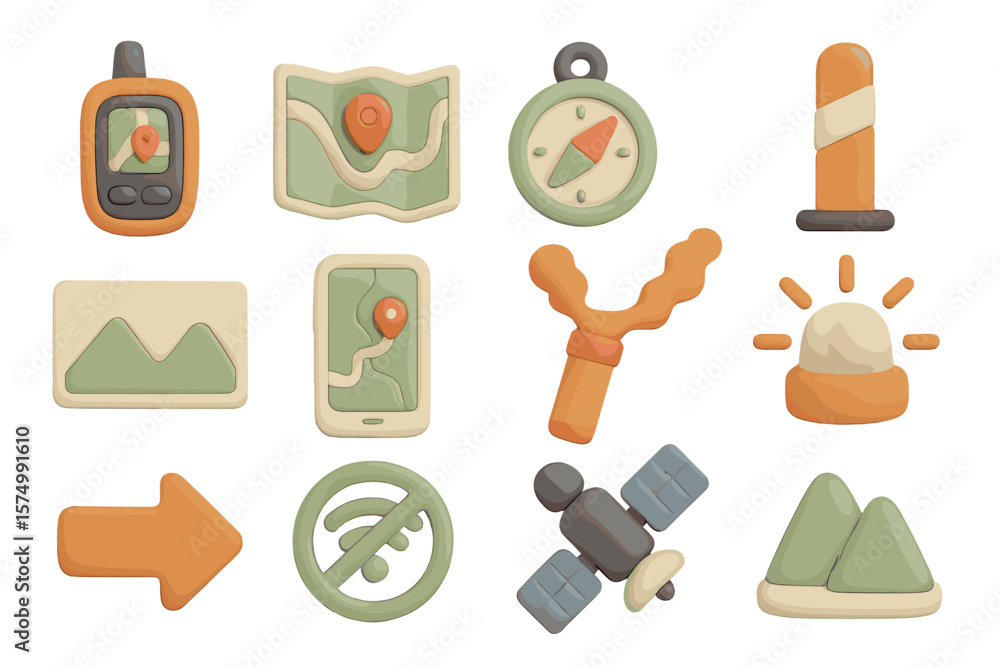 Poster colorful clay gps and navigation icons with maps and devices
