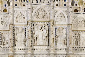 Marble altar and tomb of Saint Donatus with Gothic reliefs, 14th century, Arezzo Cathedral,...