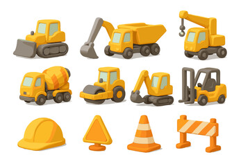 Construction vehicles and equipment miniatures in playful yellow design