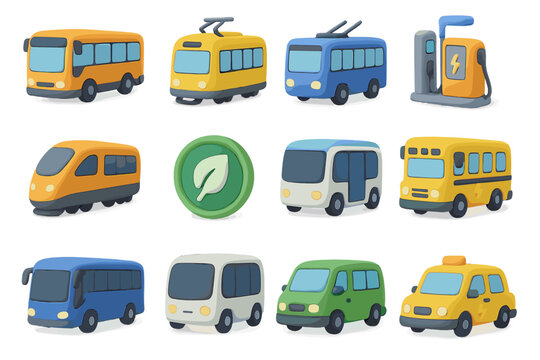 Colorful 3d icons of various eco-friendly public transport vehicles