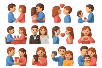 Fototapeta premium Cartoon couples in various romantic scenarios