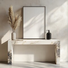 Neutral interior showcases a blank canvas frame complemented by elegant pampas grass and marble console table, bathed in soft sunlight.