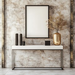 Interior scene showcasing a blank frame with decorative elements on a console table against a textured wall in neutral tones.