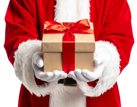 père noël en costume rouge qui tient un cadeau de noël dans les mains - fond transpar 