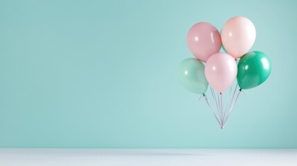 Elegant pastel balloons float gently upwards, surrounded by soft white, grey and mint tones, in a minimalist, stylish atmosphere.
