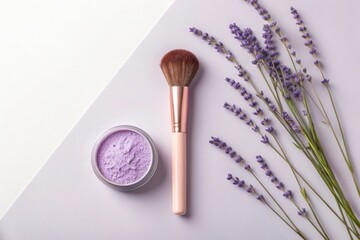 Lavender infused makeup powder and brush with delicate lavender sprigs on a pastel background