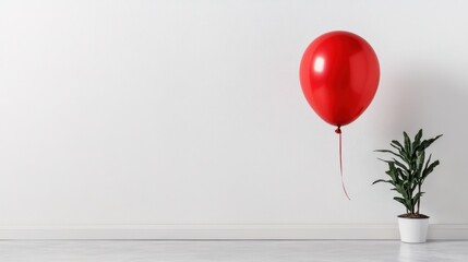A vivid red balloon hovers in front of a pale white backdrop, its glossy surface catching soft light, evoking childlike wonder within a minimal design.