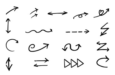 Hand drawn arrow set. Curved, straight, looped and bold sketch arrows. black doodle arrows for infographic and highlight. Vector illustration.