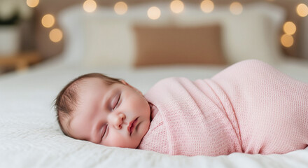 Peaceful sleeping baby wrapped in light pink swaddle captured from slightly angled top view with softly blurred beige background