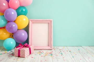 Birthday celebration with balloons gift frame and confetti on a light blue background