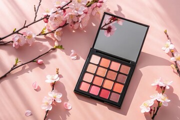 Spring blossom makeup palette with warm toned eyeshadows and delicate flowers