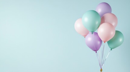 An airy arrangement of pastel balloons in peach, mint, lavender and azure floating against a modern mint background with soft shadows.