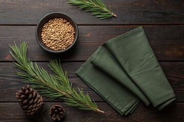 Rustic arrangement of coriander seeds pine cones and evergreen branches on a dark wooden surface