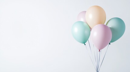 Pastel balloons in gentle shades float upward in a soft, clean environment, creating a light, dreamy, and whimsical composition