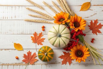 Autumn harvest display with pumpkins sunflowers and fall leaves on white wood