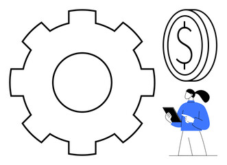 Large gear symbol, dollar coin, and businesswoman using tablet emphasizing strategy, innovation, financial planning. Ideal for business, finance, strategy, innovation management process