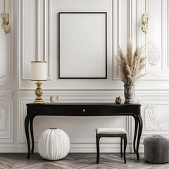 Interior design showcases a blank picture frame above a dark console table with ornate details in a decorative setting