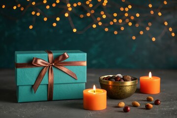 Festive gift box with candles and chocolates under twinkling lights