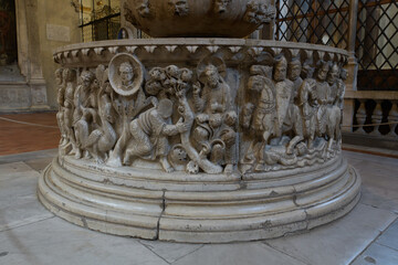 Romanesque marble baptismal font with high relief biblical scenes and domed cover, 12th century,...