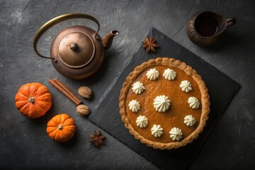 Cozy autumn scene featuring a delicious pumpkin pie with warm beverages and seasonal spices