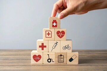 Building a healthy future with medical icons on wooden blocks