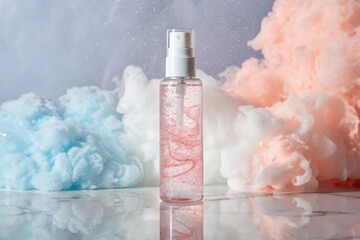 Sparkling pink liquid in a clear spray bottle surrounded by soft pastel clouds