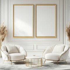 Luxurious living room features elegant seating, a round marble table, and gold framed artwork against a white wall.